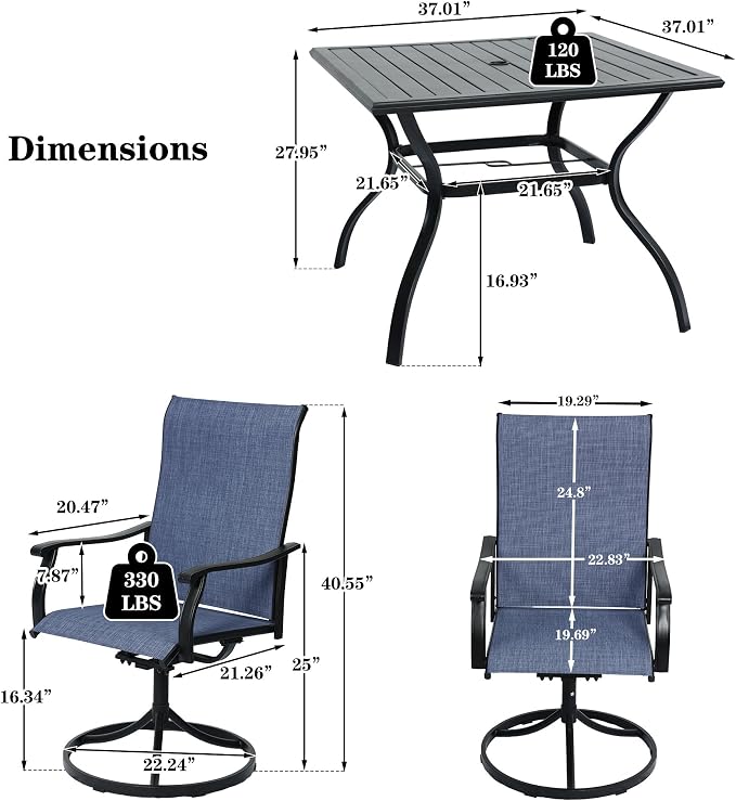 NOBLEMOOD 5-Piece Outdoor Dining Table & Chair Set, Outdoor Dining Set with 4 Textilene Swivel Chairs, Patio Metal Square Dining Table Set for Outside, Garden, Backyard - Image 6