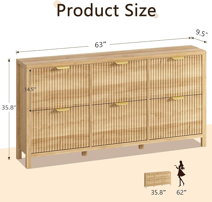 YOMILUVE 63" Shoe Cabinet Storage for Entryway, Fluted Shoe Cabinet with 6 Flip Drawers, Hidden Shoe Rack Freestanding Wooden Shoe Organizer with Legs for Hallway, Oak - Image 2