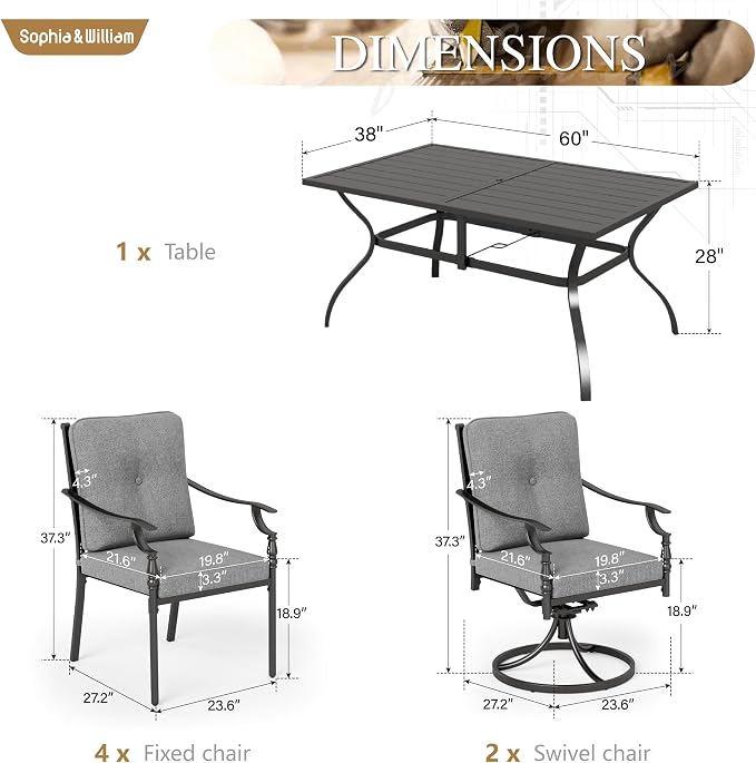 Sophia & William 7 Piece Outdoor Patio Dining Set, Patio Table and Chairs Set for 6, Fixed and Swivel Patio Chairs with Cushions and Rectangular Table, Outdoor Dining Set for Backyard, Poolside - Image 2
