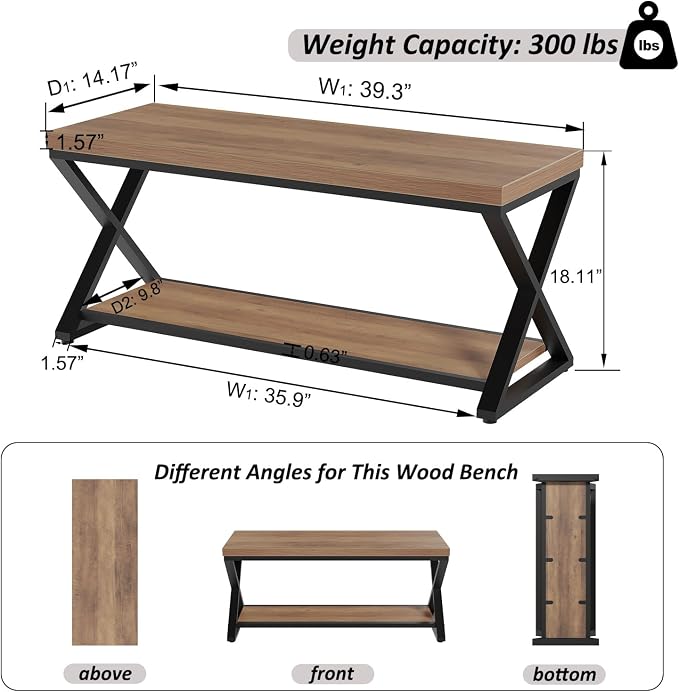 IBF Wood Bench Indoor, Industrial entryway Bench with Shoe Storage for Living Dining Room, Farmhouse Wooden Metal Entry Way Foyer Benches Seat for Bedroom Entryway, Rustic Oak, 39 Inch Long - Image 2