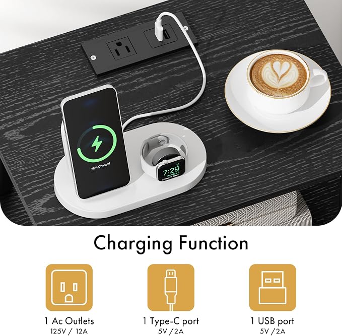 Bedroom Nightstand with Charging Station, Bedside Table with Adjustable Fabric Drawer, 3-Tier Night Table, 2-Min Installation Without Tools, Bedroom Side Table, Black - Image 6