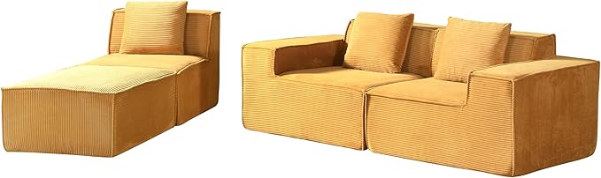 Compressed Sofa L Sectional, 112" Modular Cloud Couch with Ottoman, 23.2" Deep Seat Corduroy High-Back L-Shaped Sectional for Living Room/Bedroom, No Assembly, Ginger Yellow