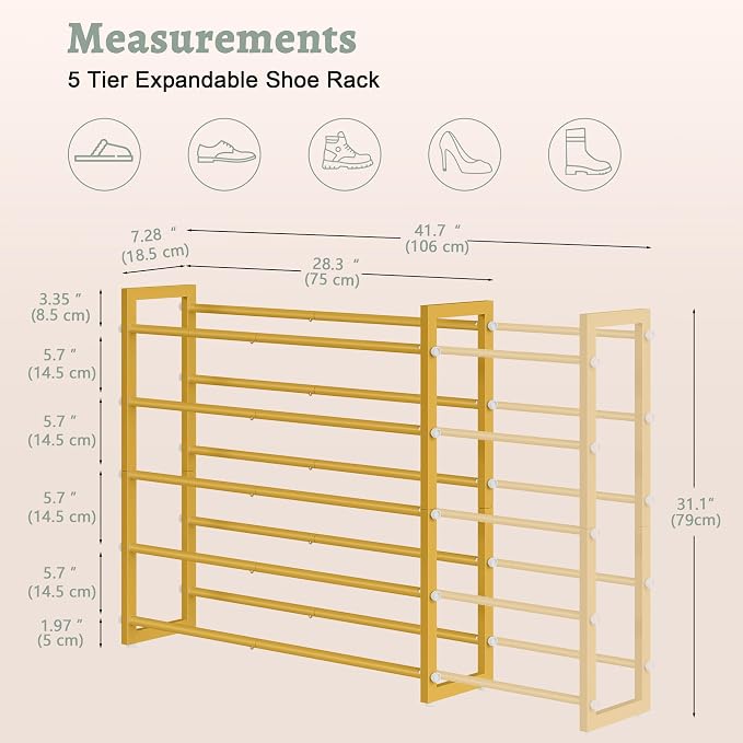 FAVOOSTY 3-Tier Expandable Shoe Rack, Adjustable Shoe Shelf Storage Organizer Space Saving Metal Free Standing Shoe Rack for Entryway Closet Doorway, Silver Grey (Gold, 5 Tier) - Image 3