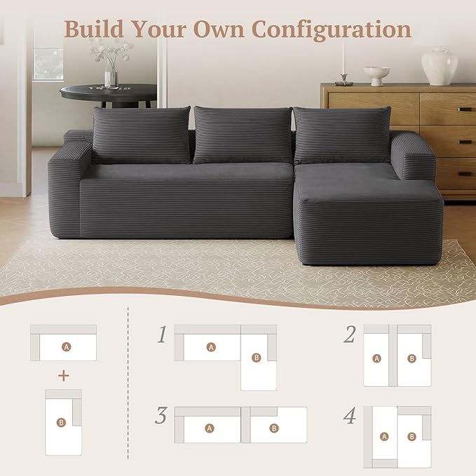 97inch Boneless L-Shaped Sectional Sofa with Throw Pillow & Side Pockets- No Assembly Compressed Modular Couch, Memory Foam, Deep Seat for Living Room, Bedroom, Apartment Grey Right