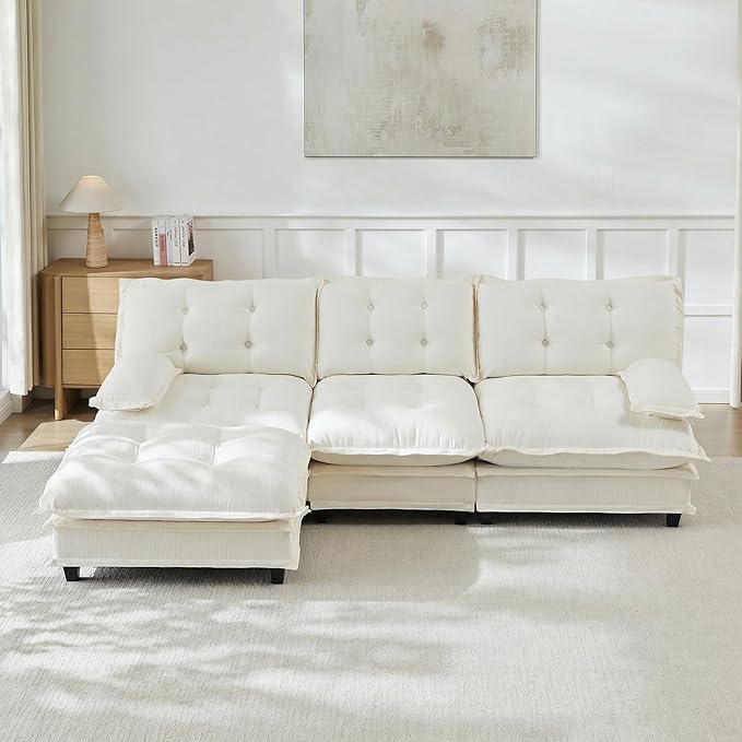 108" Oversized L Shaped Modular Sectional Sofa with Reversible Ottoman, Comfy Chenille Upholstered Cloud Couch 4-Seater Sofa Set for Living Room, Apartment, Office | Free Combination, Tufted
