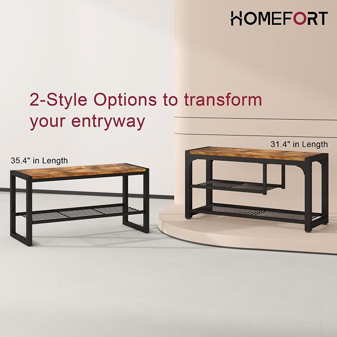 HOMEFORT Shoe Bench,3 Tiers Shoe Rack Bench,31.5" Shoe Storage Bench for Entryway, Retro Industrial Entry Bench with Mesh Shelves and Boot Storage,for Front Door Entrance, Rustic Brown - Image 7
