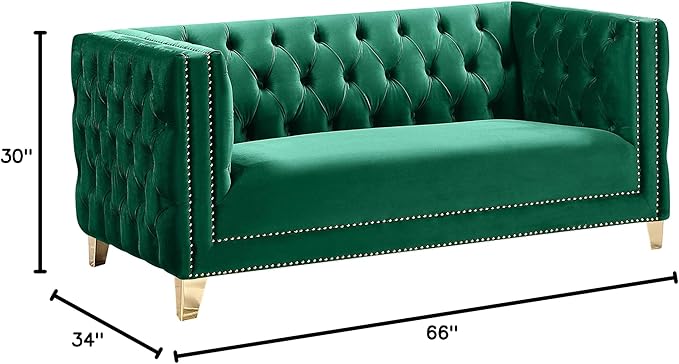 Meridian Furniture 652Green-L Michelle Collection Modern | Contemporary Loveseat with Deep Button Tufting, Gold Nailhead Trim and Sturdy Gold Iron Legs, Green Velvet, 66" W x 34" D x 30" H