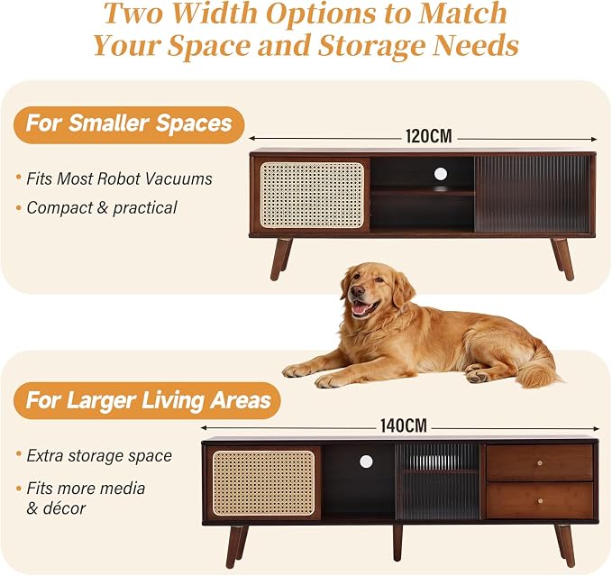 Tiita Rattan TV Stand for 55 65 Inch TV, Bamboo TV Cabinet with 2 Drawers, Boho Entertainment Center with Adjustable Shelf, Mid Century Modern Media Console for Bedroom, Living Room, Walnut - Image 7
