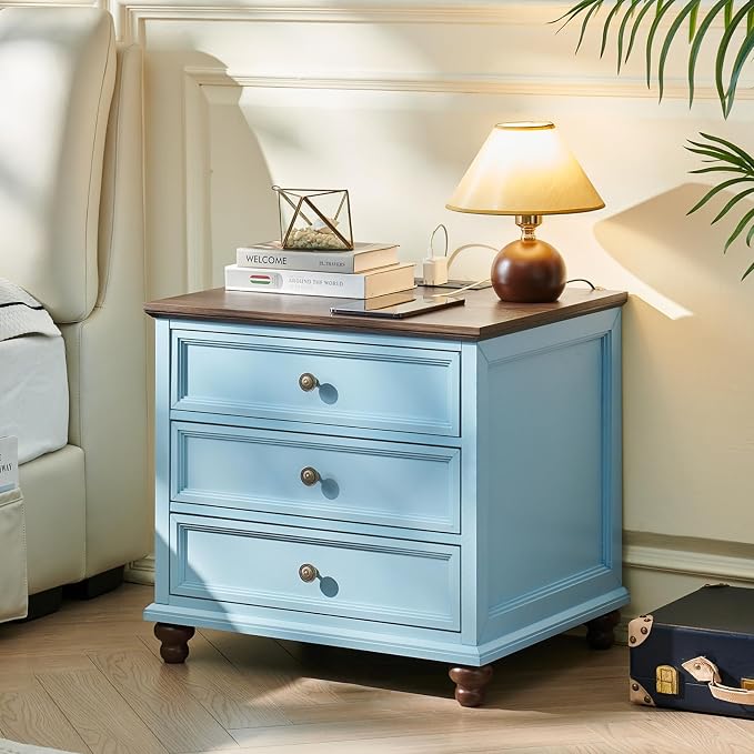 Joaxswe Farmhouse Nightstand Set of 2 with Charging Station, 24" Wide End Table with 3 Drawers,Dresser for Bedroom,Bed Side Table Chest of Drawers Cabinet,Wood Light Blue Night Stand for Living Room - Image 3