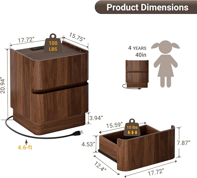 Handleless Night Stand with Charging Station, 2 Drawer Modern Nightstand with Rounded Corners Design, Wooden End Table w/Storage, Bedside Table for Bedroom Sofa Home Office, Walnut - Image 2