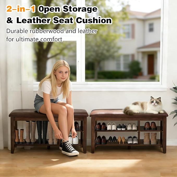 PY HOME & SPORTS Shoe Rack for Entryway 39.4": 2-Tier Shoe Storage Bench, Adjustable/Removable Shelves, Rubberwood Shoe Benches for Hallway, Porch, Bathroom, Brown - Image 3