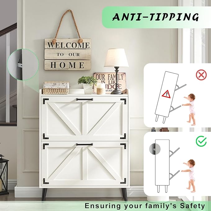 Barnyatoh Shoe Storage Cabinet with 2 Flip Drawers, Farmhouse Hidden Shoe Organizer, Narrow Slim Shoe Rack Cabinet for Entryway Hallway,Antique White - Image 3