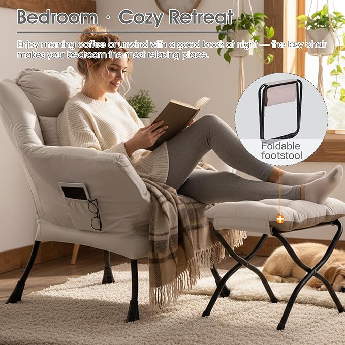 Lazy Chair with Ottoman, Large Accent Chair with Ottoman and a Throw Pillow, Beige Reading Chair for Living Room Bedroom Dorm Room Office Apartment Relaxing Use