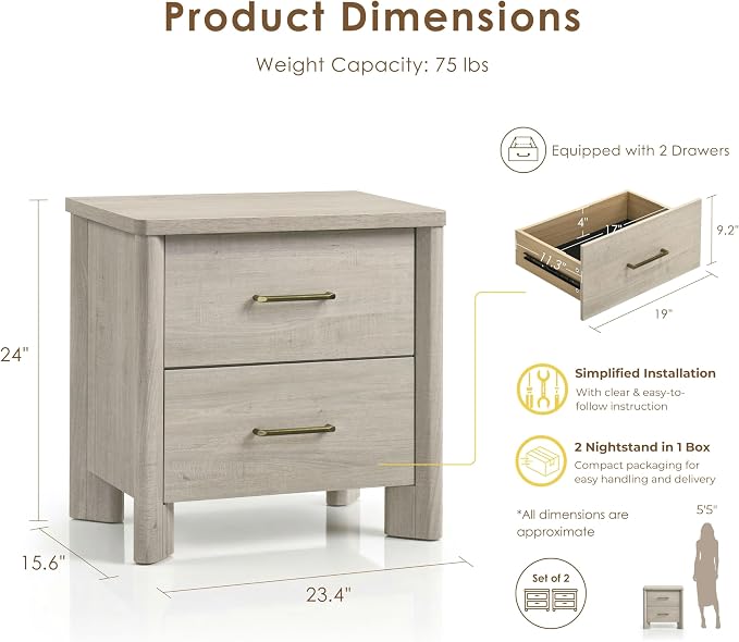 24/7 Shop at Home Sawer Modern 23-inch Wood Nightstand Set of 2 with 2 Drawers and USB Ports, Wooden Night Stand for Bedroom, Apartment, Small Bedside Table, Cool Beige - Image 2