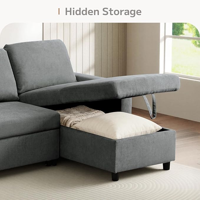 L-Shaped Sleeper Sofa with Chaise Lounge & Storage, Pull-Out Couch Bed with Recliner, Full Size Futon for Living Room, Office, Apartment Dark Grey