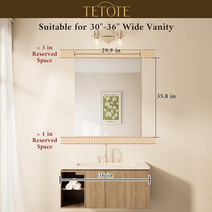 TETOTE Frameless Mirror 30" x 36" Frameless Tempered Bathroom Vanity Wall Mirror for Bedroom, Living Room, Entryway, Gym, Vertically/Horizontally - Image 2