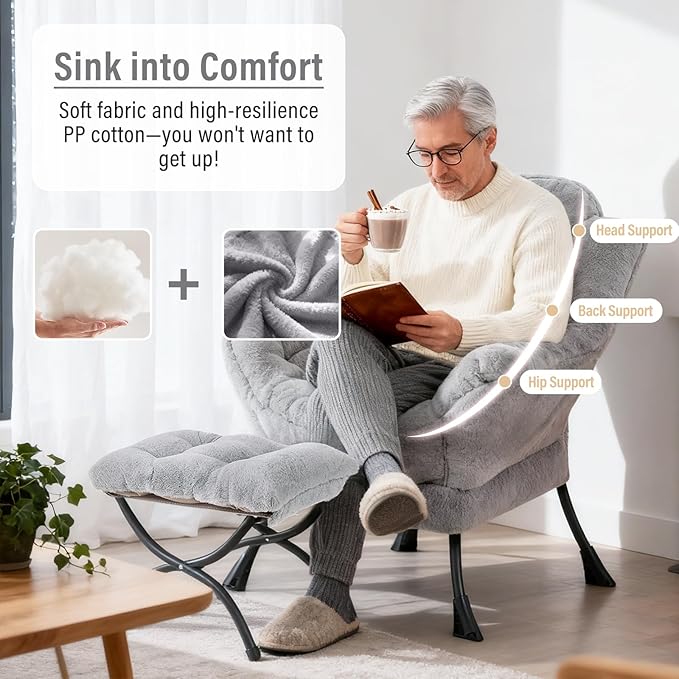 Furlide Lazy Chair with Ottoman, Modern Accent Chair with Armrests and a Side Pocket, Plush Grey Accent Chairs, Reading Chairs, Oversized Armchairs for Bedroom, Study, Living Room, Courtyard