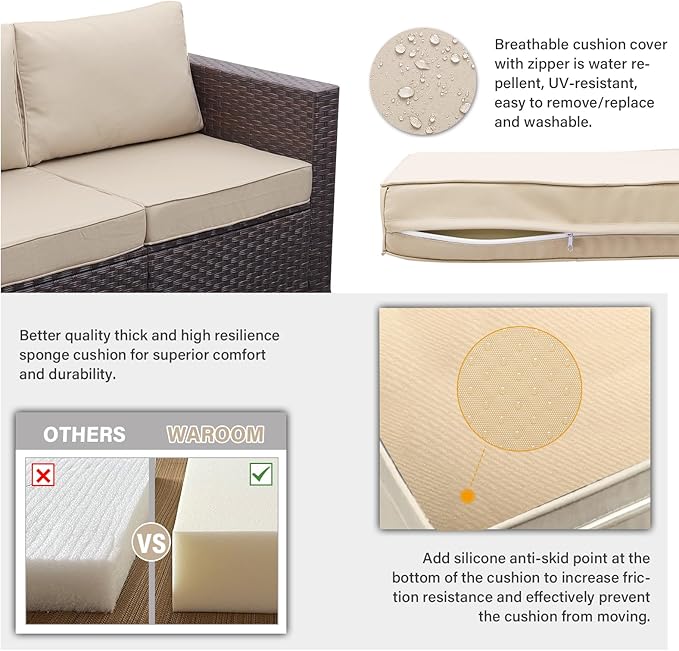 WAROOM Patio Furniture Set 4 Piece Conversation Sets Brown Rattan Outdoor Couch Loveseat Wicker Sectional Sofa with Storage Box Glass Top Table, Khaki Cushion