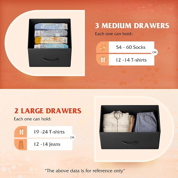 WLIVE Dresser for Bedroom with 5 Drawers, Long Fabric Dresser, Chest of Drawers, Storage Drawer Unit with Fabric Bins for Closet, Living Room, Hallway, Charcoal Black, Size L - Image 5