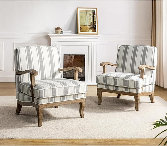 HULALA HOME Mid-Century Modern Chair Set of 2, Upholstered Accent Chair with Graceful Curves and Wooden Legs, Comfy Lounge Armchair Striped Accent Chairs for Living Room, Bedroom, (Grey)