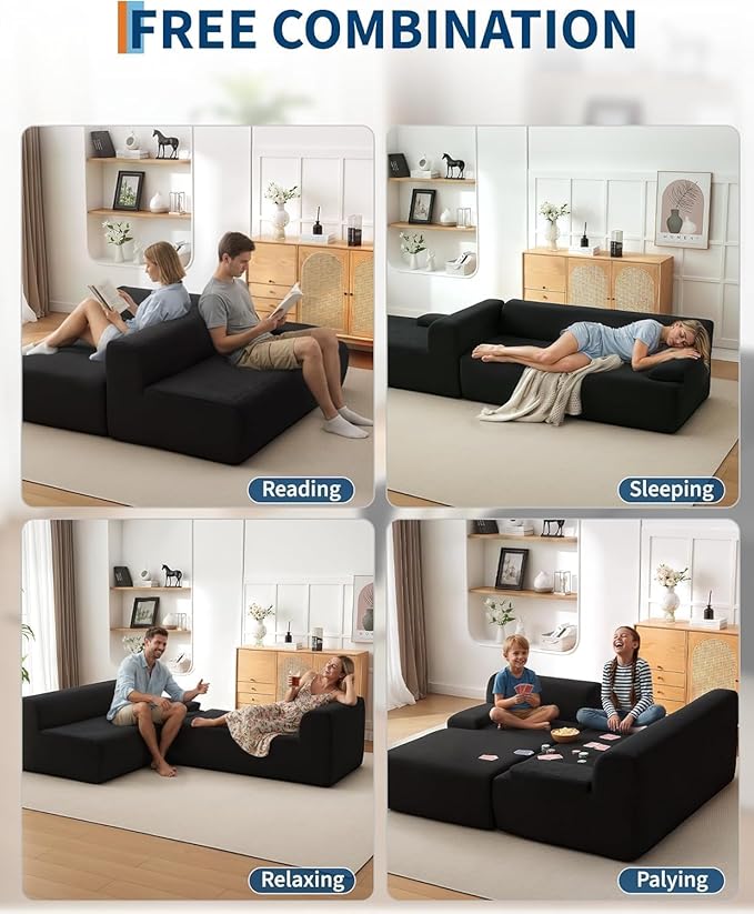 108" Sectional Couches for Living Room, Modular Sectional Sofa with L-Shape Chaise, Cloud Couch, Comfy Corduroy Couch with Deep Seat, No Assembly Required,Black
