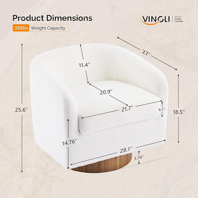 VINGLI 360°Swivel Accent Chairs Set of 2 with Engineered Wood Base and Removable Cushion for Living Room, Bedroom, Curved Back Barrel Chairs for Small Space, Upholstered Bucket Armchairs, Teddy White