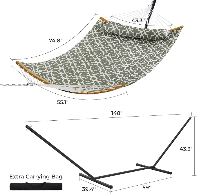 SUPERJARE Hammock with Stand, 2 Person Heavy Duty Hammock with Padded Cotton, Detachable Pillow & Strong Curved-Bar & Portable Carrying Bag, Perfect for Outdoor & Indoor, Grey with White Flower - Image 8