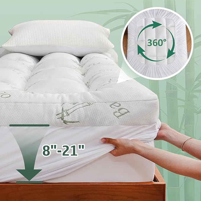 DOWNCOOL 3 Inch Full Mattress Topper – Cooling Memory Foam Mattress Topper for Back Pain Relief, Breathable Bamboo Viscose Air Layer, 1600 GSM Fill, Deep Pocket Fits 8–21 Inch