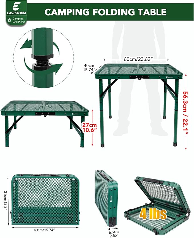 Small 2ft Folding Table with Carry Handle, Adjustable Height 10.6" or 22", Green Metal Mesh, Portable & Compact Indoor/Apartment/Card/Side/Grill Table, 23.6"Lx15.8"W, Lightweight 4 lb, 66 lb Capacity - Image 3