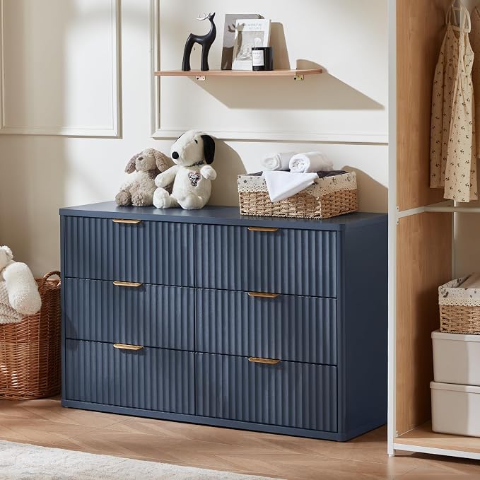 LEYAOYAO Fluted 6 Drawers Dresser for Bedroom, 48" Wide Farmhouse Chest of Drawers with Metal Handle,Curved Profile Modern Closet Organizer Wood Dressers TV Stand for Living Room, Hallway, Blue - Image 4
