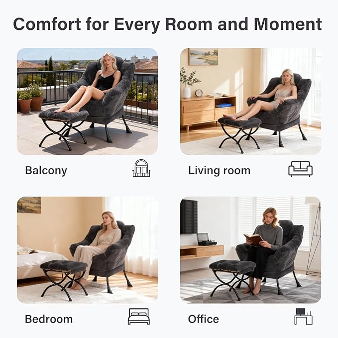 Lazy Chair with Ottoman, Modern Accent Chair Lounge Leisure Sofa Chair with Armrests, Reading Chair and Folding Footstool for Living Room, Bedroom, Office, Plush Navy