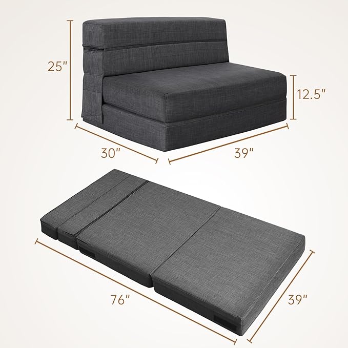 Fold Sofa Bed Couch Twin Size with Pillow Memory Foam Convertible Sleeper Chair Bed Futon Lazy for Living Room/Home Office/Guest Beds/Apartment/Upstairs Loft, Dark Gray