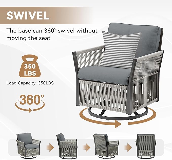 Outdoor Patio Furniture Set, 2025 New Outdoor Swivel Rocking Chairs Set of 2, Patio Wicker Chairs Swivel Rocker for Deck Porch Balcony (Grey)