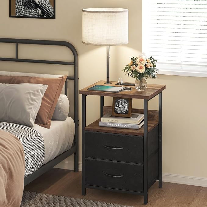 Fixwal Bedside Table with 3 Color Temperature Reading Light, Nightstand with LED Light & Charging Station End Table with Adjustable Fabric Drawer for Bedroom, Dorm, Rustic Brown - Image 7