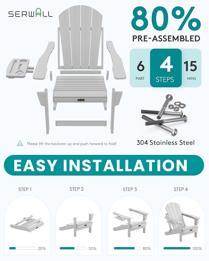 SERWALL Folding Adirondack Chair, Patio Adirondack Chairs with 4 in 1 Multi-Functional Cup Holder, Wooden Textured, All Weather Plastic Fire Pit Chair for Outdoor, Garden, Backyard, Deck- Spanish Gray - Image 3
