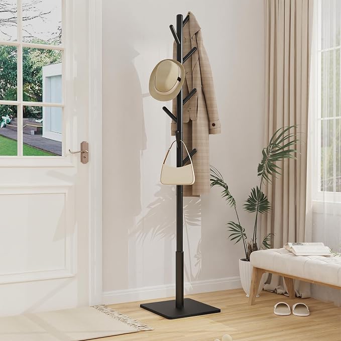 Coat Rack Freestanding with Stable Square Base for Cloathes, Hat, Used in Bedroom, Office and Entryway, Sturdy and Easy Assembly Coat Tree with 3 Adjustable Sizes and 8 Hooks, Black - Image 2