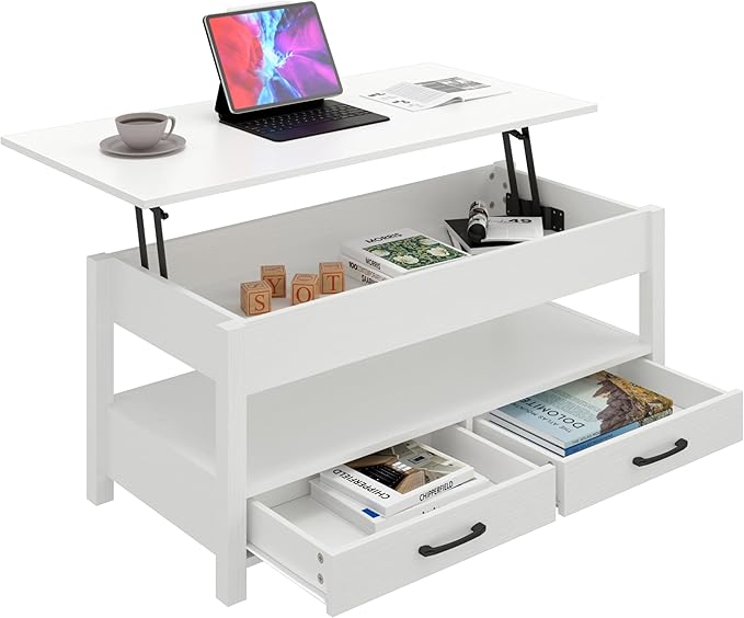 Panana Coffee Table, Lift Top Coffee Table with Hidden Compartment, 2 Drawers and 1 Open Shelf, Retro Central Wooden Table Lift Tabletop for Living Room (White)