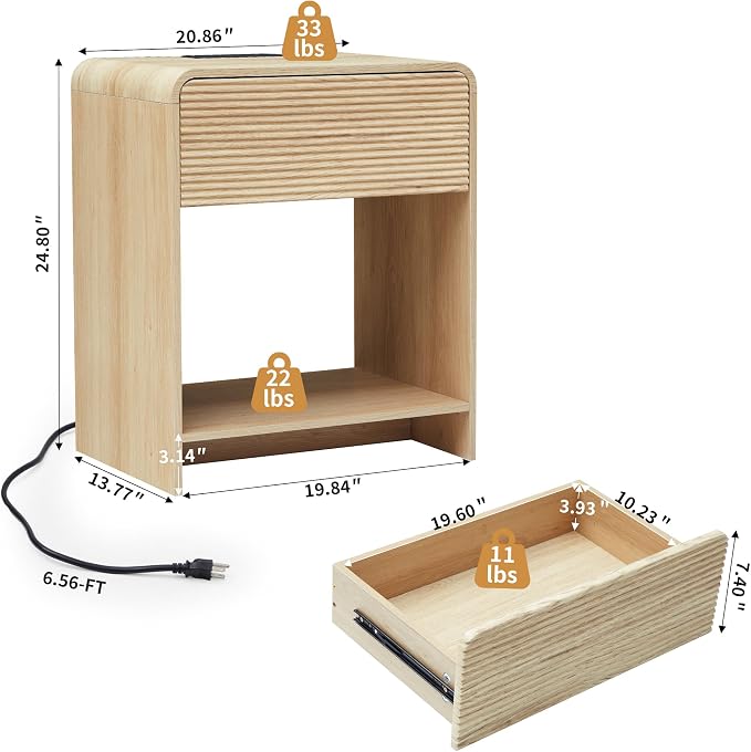 XUZENEST Fluted Nightstand Set of 2 with Charging Station, Modern Bed Side Table End Table with Drawer Storage, Large Wooden Night Stands Bedside for Bedroom Living Room Sofa Office, Natural 2 Sets - Image 3