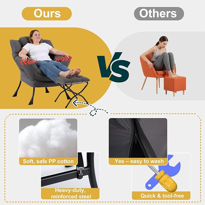 Lazy Chair with Ottoman, Large Accent Chair with Ottoman and a Throw Pillow, Dark Grey Reading Chair for Living Room Bedroom Dorm Room Office Apartment Relaxing Use