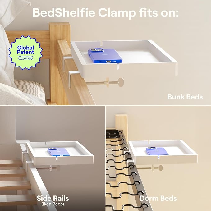 BedShelfie Wood Bedside Shelf for Bunk Bed & Top Bunk, College Dorm Room Essentials, Loft Nightstand, Floating Bed Side Table Tray Storage, Dorm Room Decor By Smallish - (Flexfit Bamboo Model, White) - Image 5