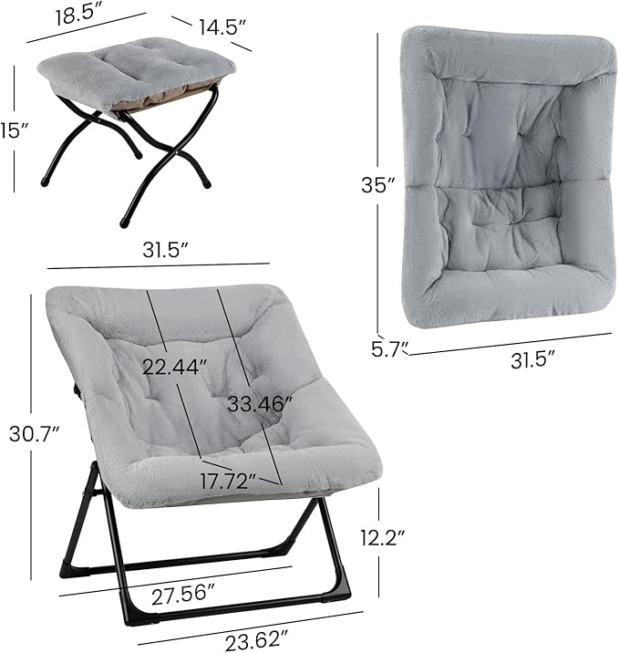 Comfy Saucer Chair for Adults, Soft Faux Fur Bedroom Chair with Ottoman, Accent Dorm Chairs, Living Room Reading Chairs and Footstool, Folding Seat for Teens, X-Large, Grey