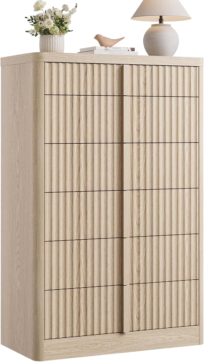 Fluted Dresser for Bedroom, 48" Tall 6 Drawer Dressers, Modern Chest of Drawers with Solid Wood Handle, Curved Profile Design, Wood Dresser Deep Storage Organizer, Living Room, Hallway, Natural Oak by YANSNWO