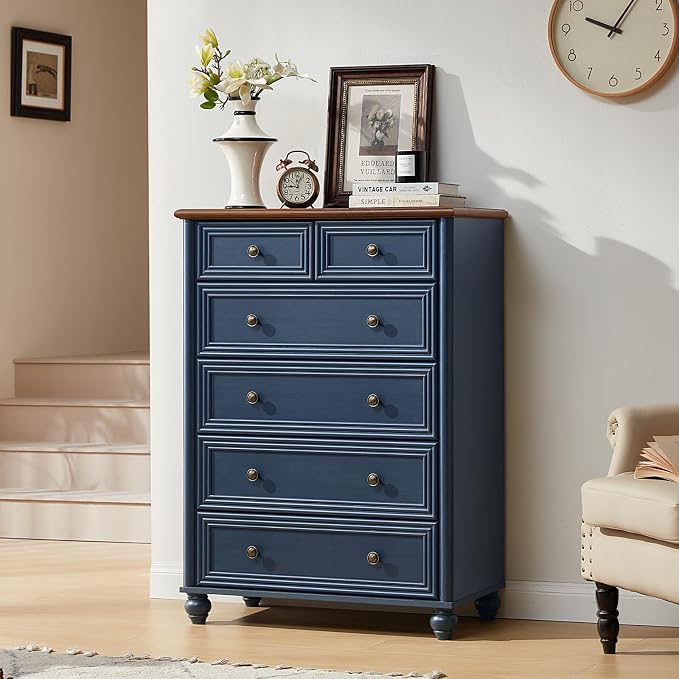 RWYHG Farmhouse 6 Drawer Dresser, Blue Chest of Drawers, 43.5" Tall Dressers for Bedroom with Roman Column and Metal Handles, Rustic Wood Storage Organizer for Living Room, Hallway, Closet - Image 8