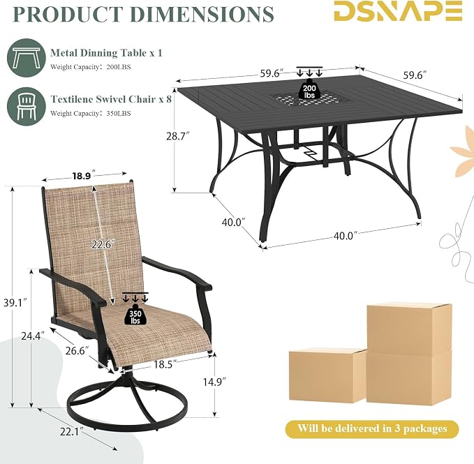 9 Pcs Patio Dining Set for 8, All Weather Outdoor Furniture Set, 59.6" Square Metal Dining Table with Umbrella Hole and 8 High Back Textilene Swivel Chairs for Deck Porch Lawn Poolside, Brown - Image 2