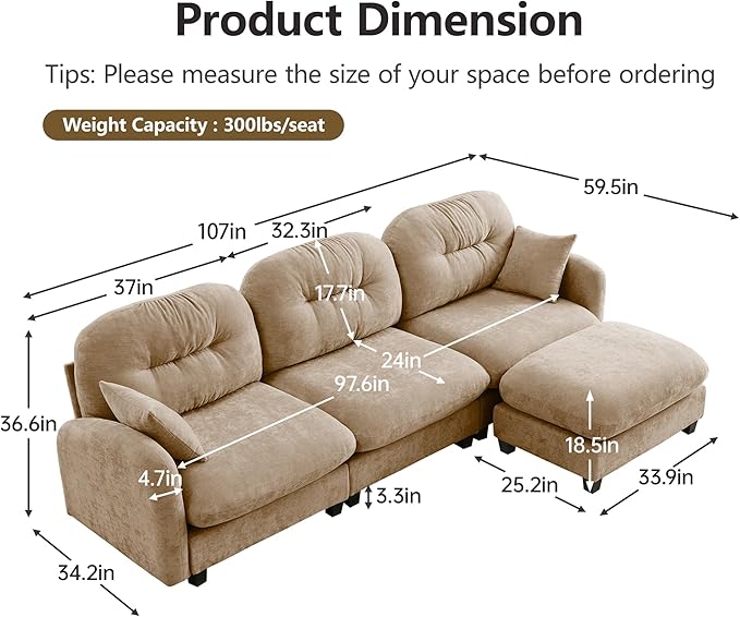KEIKI 107" L-Shaped Oversized Chenille Modular Sectional Sofa with 1 Ottoman, High-Density Foam Cushions, Tufted Pleated Cushion Backrest, Modern 3-Seater Couch with 2 Pillow, for Living Room, Camel