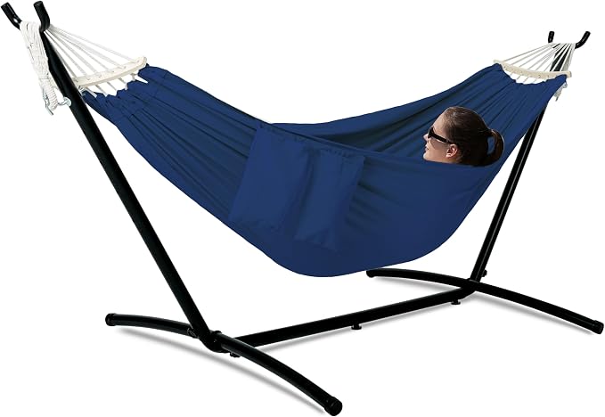 Gafete Double Hammock with Stand for Outside, Upgraded Spreader Bar, Heavy Duty Space Saving Steel Stand 2 Person, Side Pockets, Easy Assembly, 600lbs Weight Capacity, Indoor & Outdoor (Navy Blue) by GafeteOutdoorLiving
