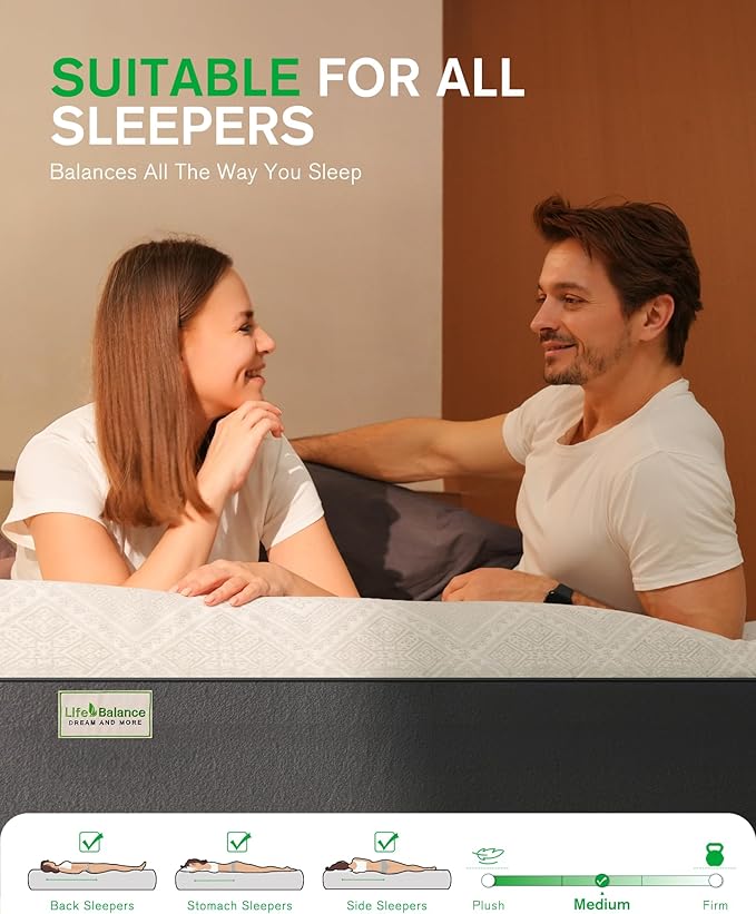 Life Balance 8 Inch Queen Size Mattress, Cooling Gel Memory Foam Mattress in a Box, Made in USA Queen Mattresses, Motion Isolation, Pressure Relief, Medium Firm, CertiPUR-US Certified, CY-8-Q