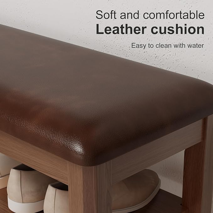 AQIMUELE Shoe Bench with Leather Cushion, 3 Tiers Shoe Storage Bench Height Adjustable, Walnut Wood Entryway Bench for Hallway, Mudroom - Image 4