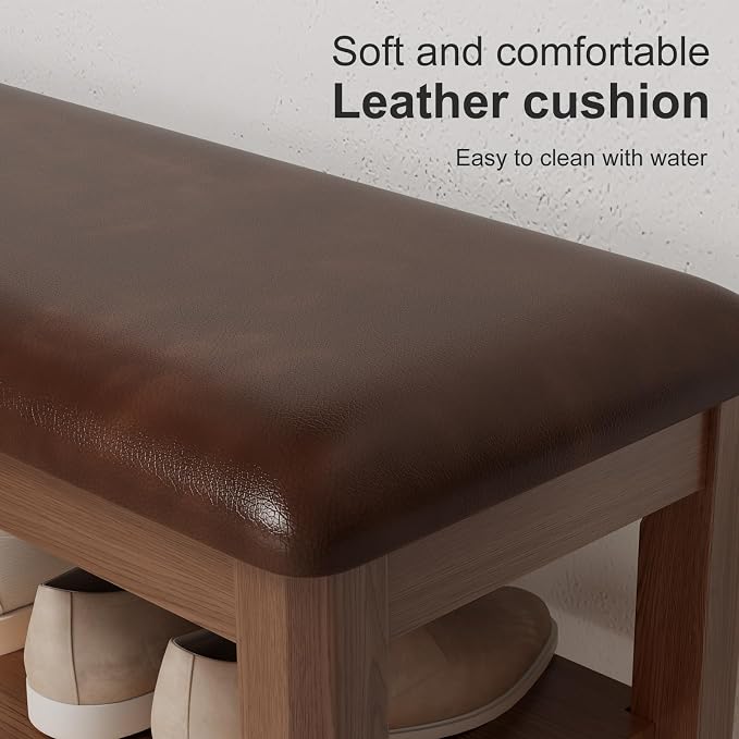 AQIMUELE Shoe Bench with Leather Cushion, 3 Tiers Shoe Storage Bench Height Adjustable, Walnut Wood Entryway Bench for Hallway, Mudroom - Image 4