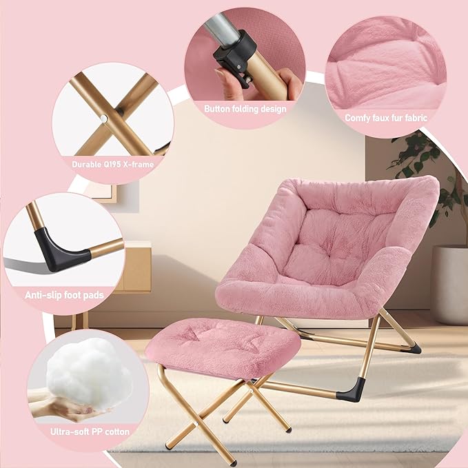 Youtanic Comfy Oversized Saucer Chair with Ottoman,Soft Faux Fur Reading Lounge Chair for Adults,Stable X-Large Metal Frame and Non-Slip Pad,Cozy Chair for Bedroom, Living Room, Dorm, Office, Pink